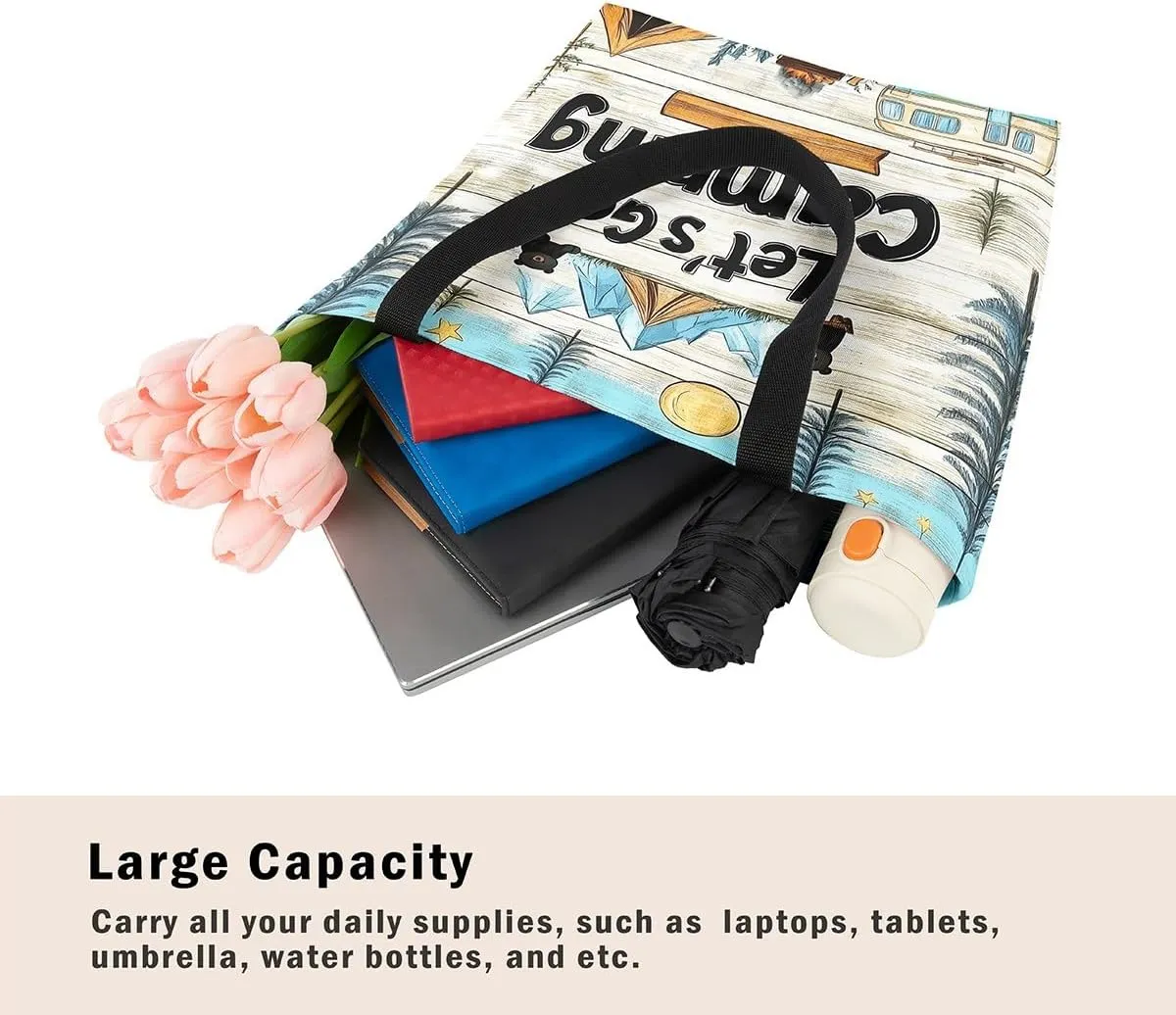 Happy Camping Canvas Tote Bags,Campfire Tent RV Car Large Capacity Shoulder Handbags,Travel Trailers Bag