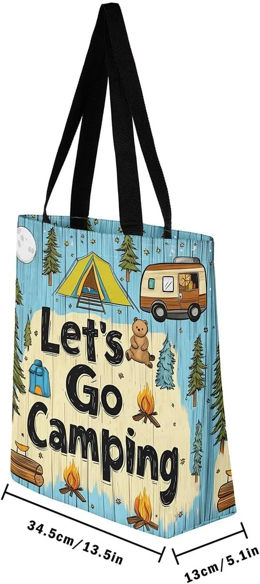 Happy Camping Canvas Tote Bags,Campfire Tent RV Car Large Capacity Shoulder Handbags,Travel Trailers Bag