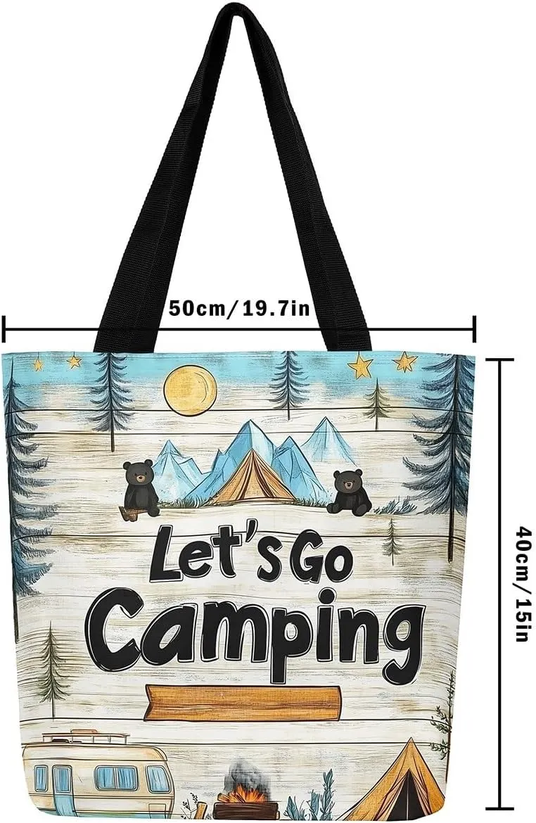 Happy Camping Canvas Tote Bags,Campfire Tent RV Car Large Capacity Shoulder Handbags,Travel Trailers Bag