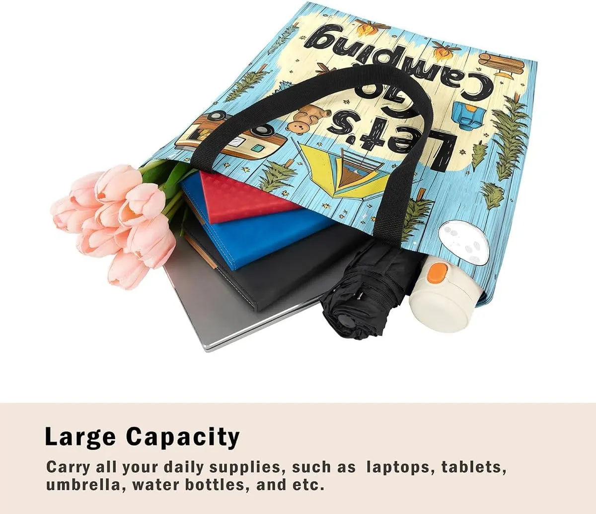 Happy Camping Canvas Tote Bags,Campfire Tent RV Car Large Capacity Shoulder Handbags,Travel Trailers Bag
