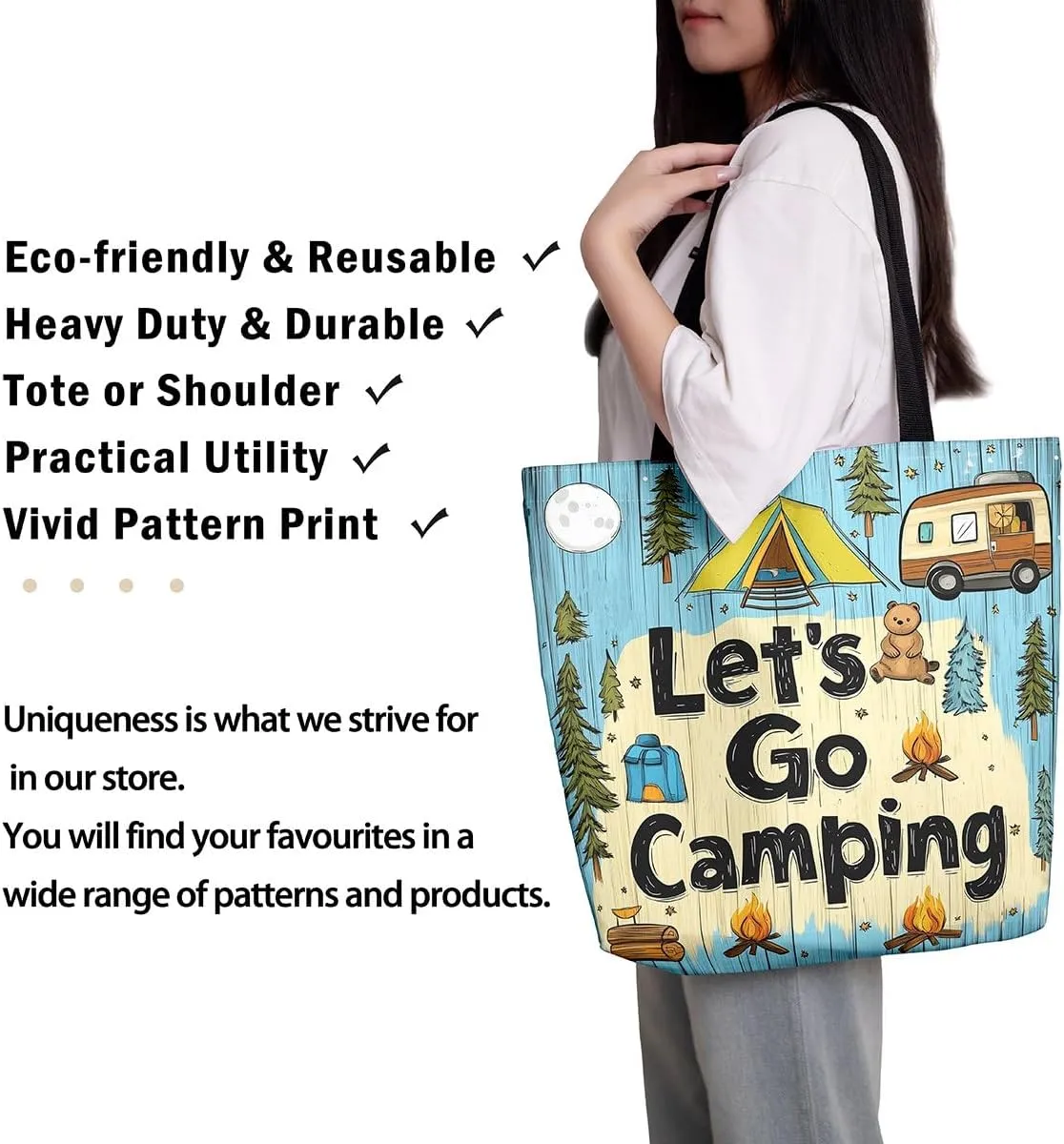 Happy Camping Canvas Tote Bags,Campfire Tent RV Car Large Capacity Shoulder Handbags,Travel Trailers Bag