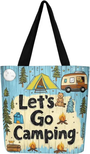 Happy Camping Canvas Tote Bags,Campfire Tent RV Car Large Capacity Shoulder Handbags,Travel Trailers Bag