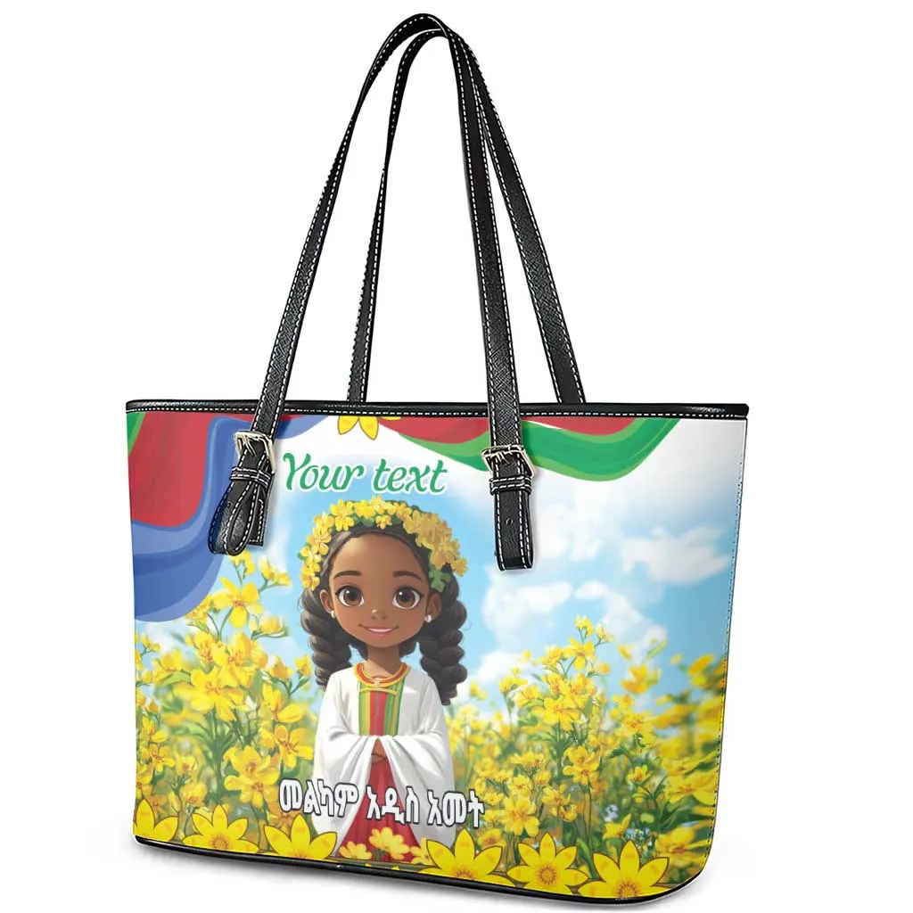 Happy Enkutatash Eritrea Personalized Leather Tote Bag Beautiful Afro Girl Adey Abeba Flower LT9