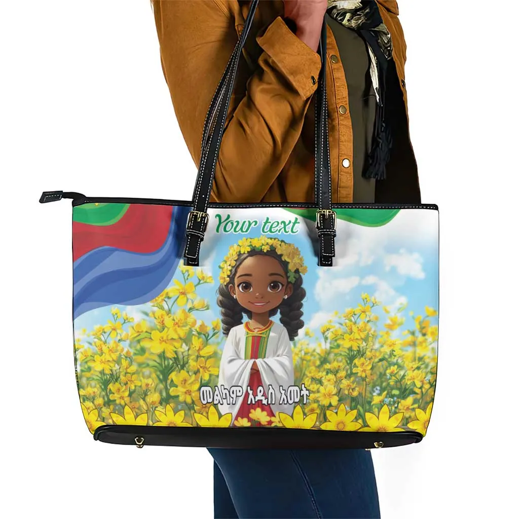 Happy Enkutatash Eritrea Personalized Leather Tote Bag Beautiful Afro Girl Adey Abeba Flower LT9