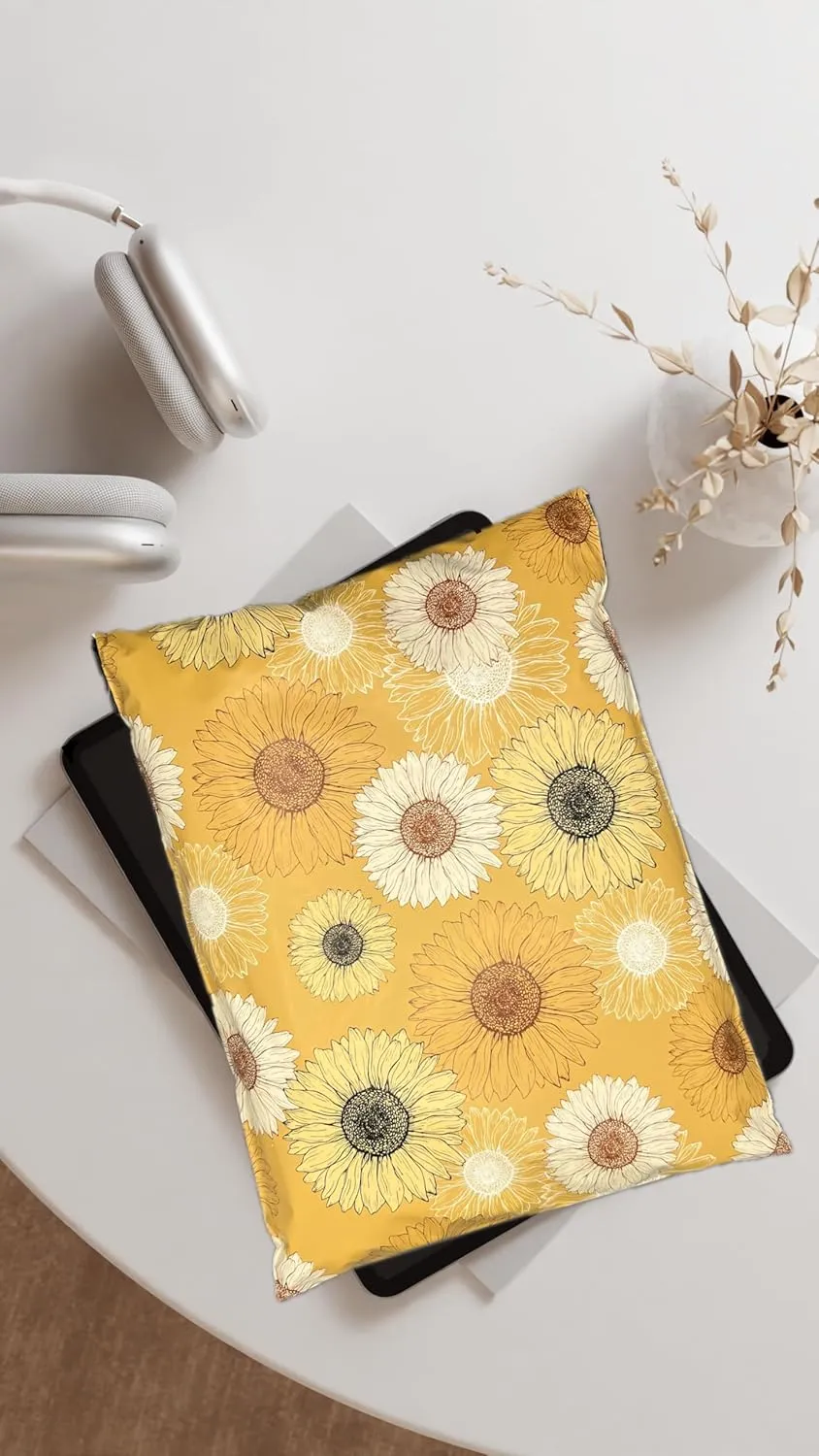 Hawk Poly Mailers 10x13 Cute Floral Heavy Duty 3.15mil Tamper-Evident & Self-Sealing Shipping Envelopes for Small Businesses Printed Waterproof Mailing Bags Non Padded (Sunflower Symphony, 10x13)