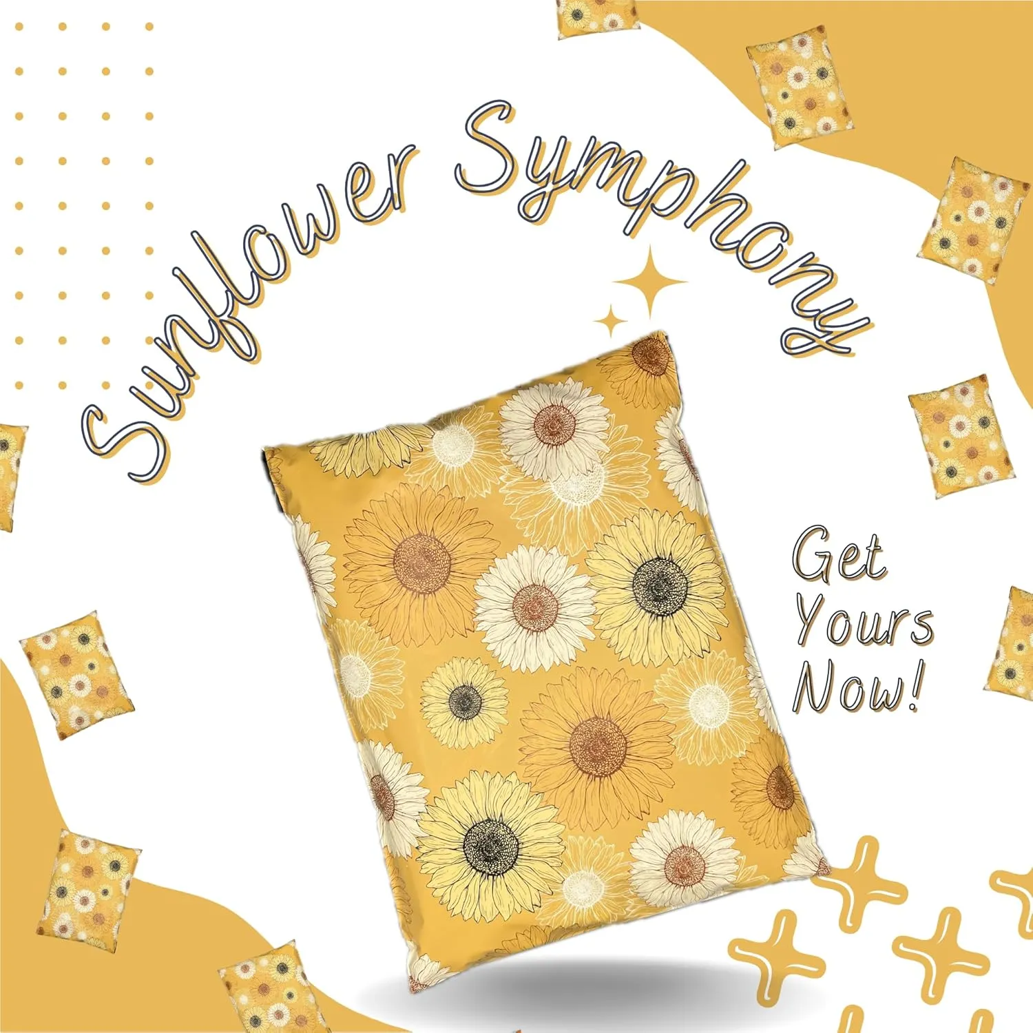 Hawk Poly Mailers 10x13 Cute Floral Heavy Duty 3.15mil Tamper-Evident & Self-Sealing Shipping Envelopes for Small Businesses Printed Waterproof Mailing Bags Non Padded (Sunflower Symphony, 10x13)