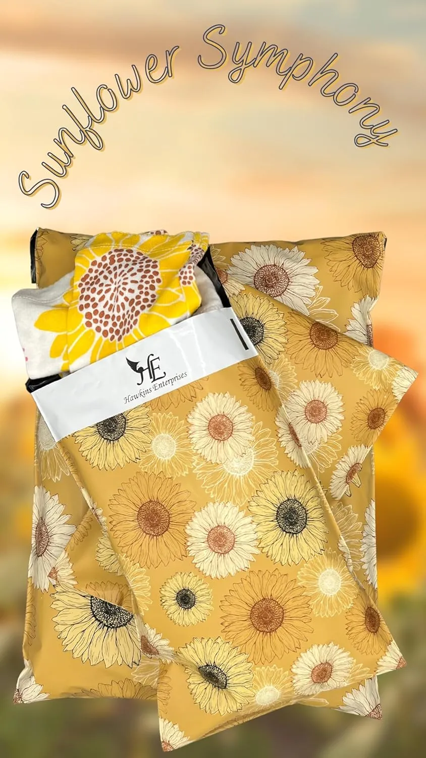 Hawk Poly Mailers 10x13 Cute Floral Heavy Duty 3.15mil Tamper-Evident & Self-Sealing Shipping Envelopes for Small Businesses Printed Waterproof Mailing Bags Non Padded (Sunflower Symphony, 10x13)