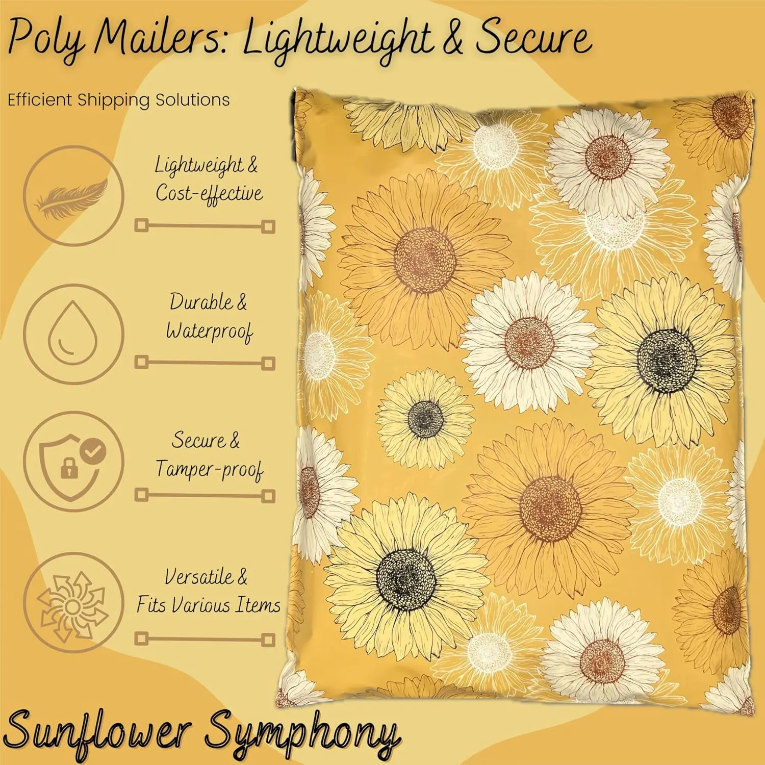 Hawk Poly Mailers 10x13 Cute Floral Heavy Duty 3.15mil Tamper-Evident & Self-Sealing Shipping Envelopes for Small Businesses Printed Waterproof Mailing Bags Non Padded (Sunflower Symphony, 10x13)