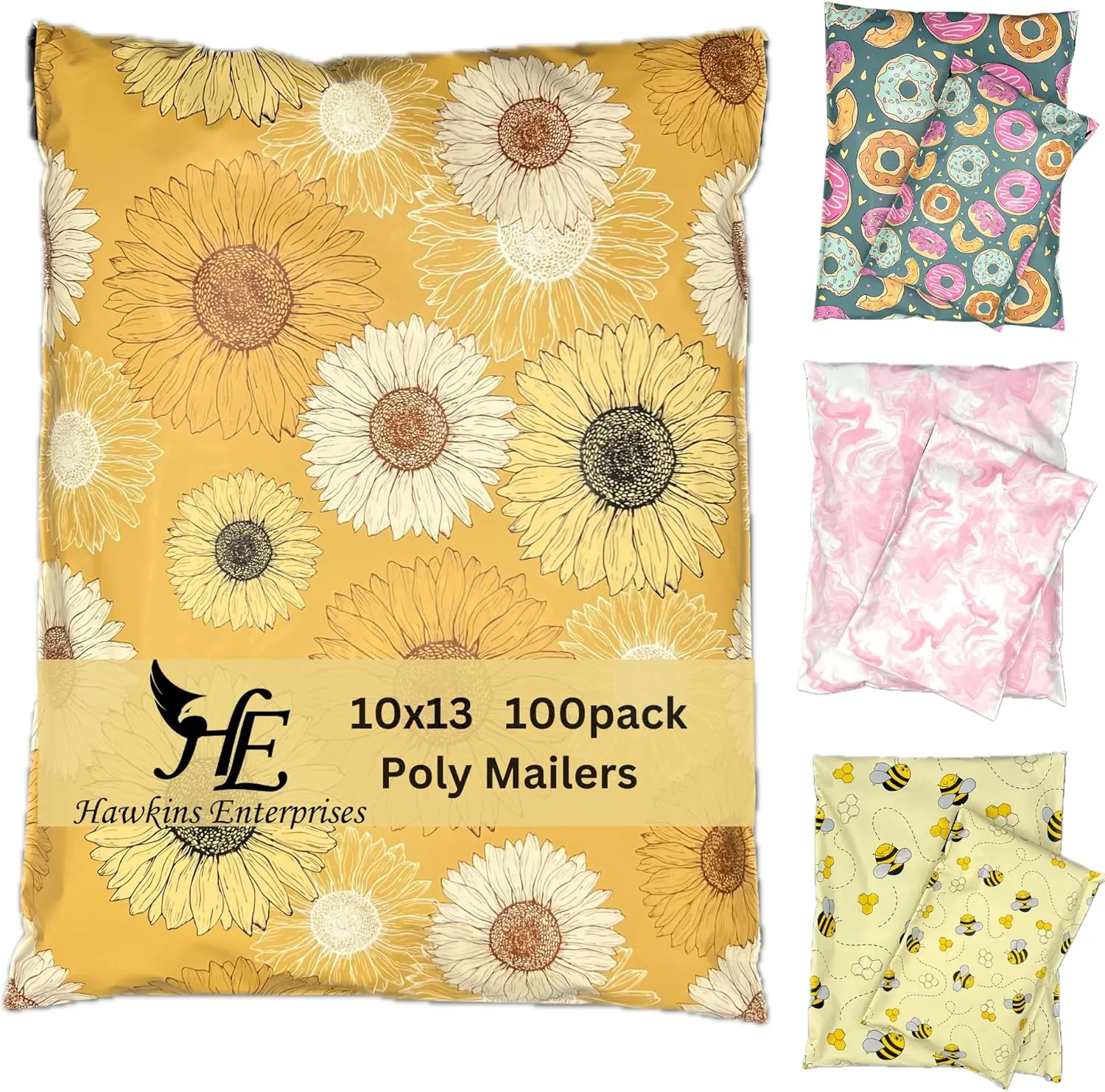 Hawk Poly Mailers 10x13 Cute Floral Heavy Duty 3.15mil Tamper-Evident & Self-Sealing Shipping Envelopes for Small Businesses Printed Waterproof Mailing Bags Non Padded (Sunflower Symphony, 10x13)