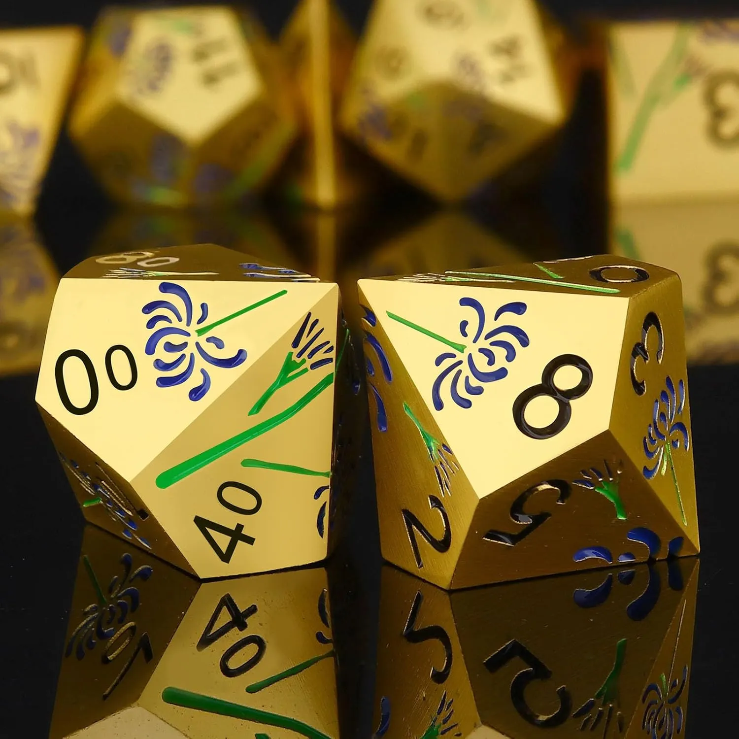 Haxtec Metal DND Dice Set Flower Polyhedral D&D Dice for Dungeons and Dragons Gift TTRPG Metal Dice MTG Game Table Leather Dice Bag- Gold with Purple Flower