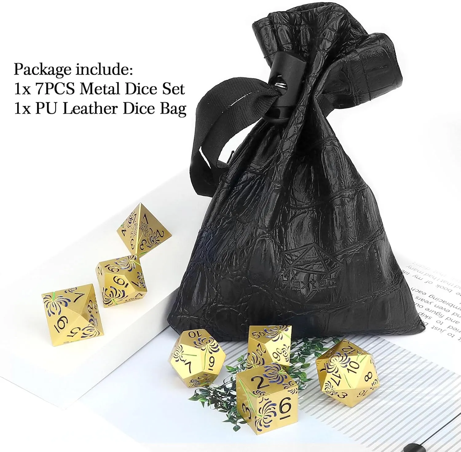 Haxtec Metal DND Dice Set Flower Polyhedral D&D Dice for Dungeons and Dragons Gift TTRPG Metal Dice MTG Game Table Leather Dice Bag- Gold with Purple Flower