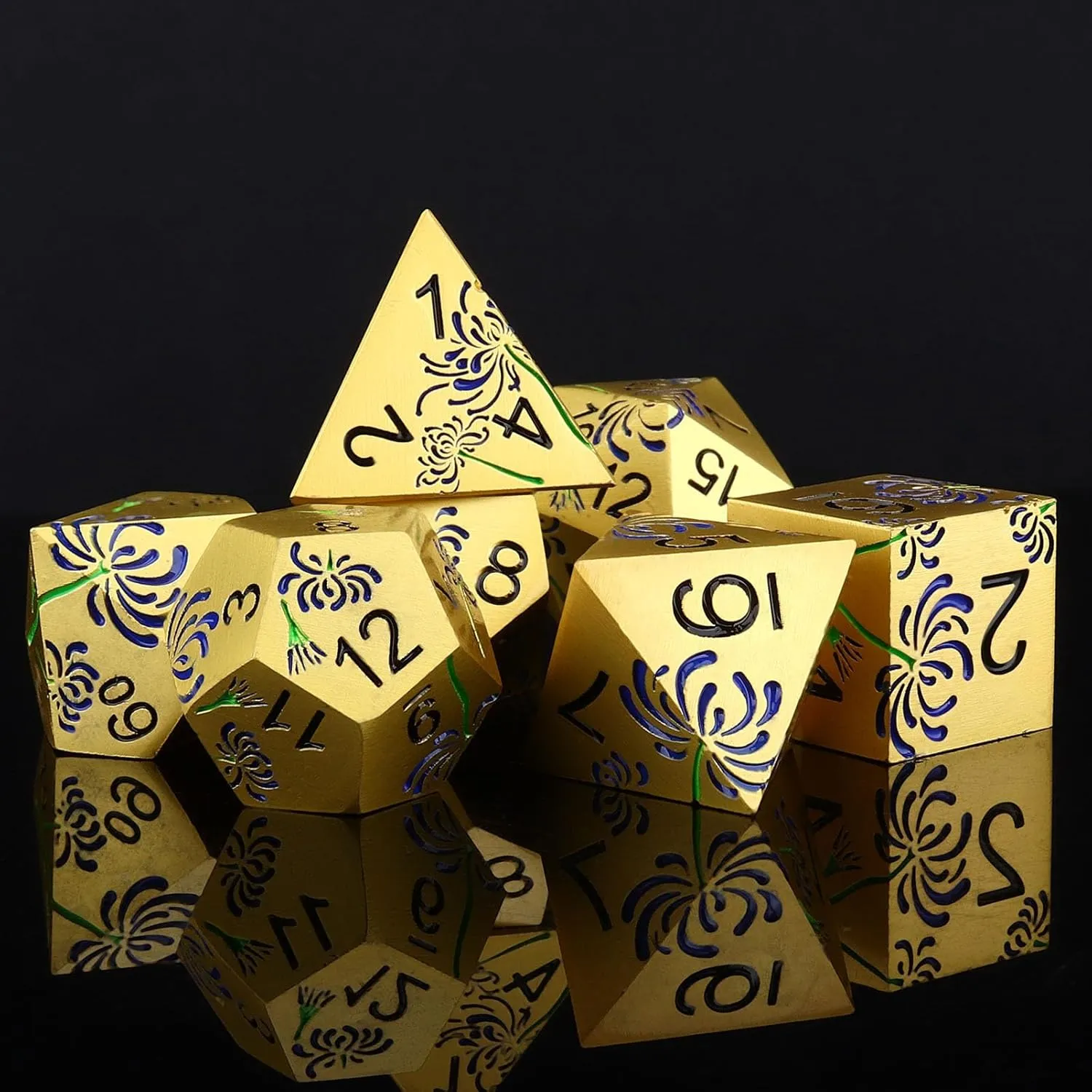 Haxtec Metal DND Dice Set Flower Polyhedral D&D Dice for Dungeons and Dragons Gift TTRPG Metal Dice MTG Game Table Leather Dice Bag- Gold with Purple Flower