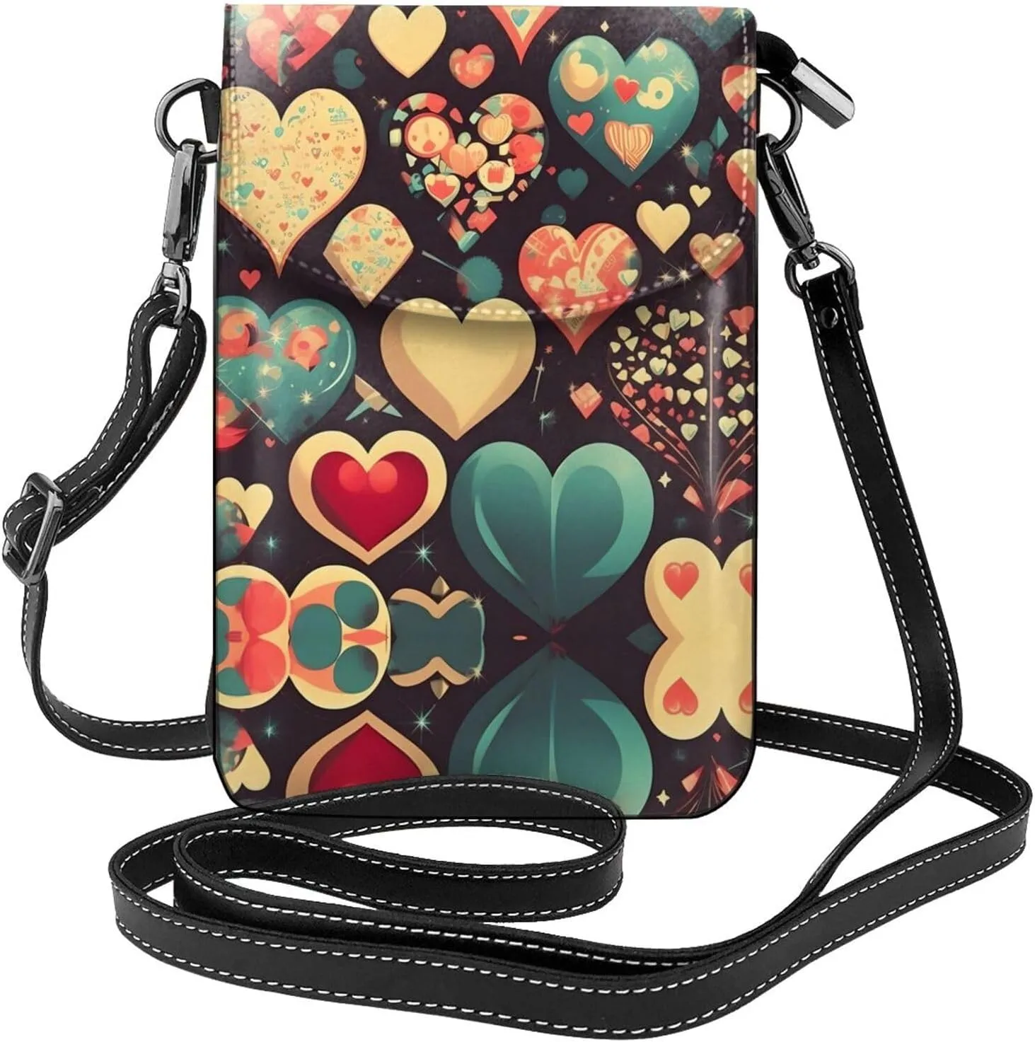 Heart Crush Flower Prints Leather Crossbody Flap Phone Bag - Versatile Gift for Women Walking, Camping, Shopping, and Travel