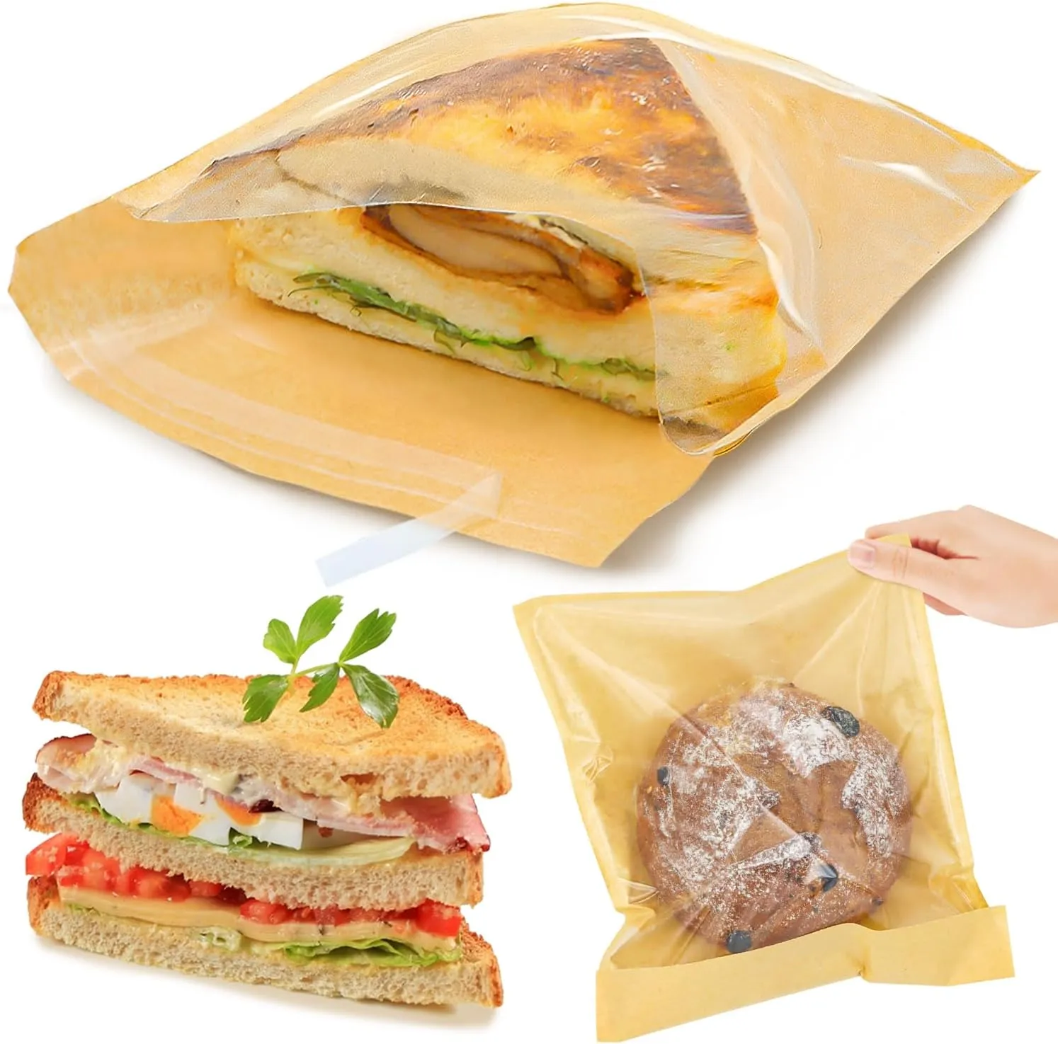 Heavy Duty Sandwich Bags with Clear Window, Self Sealing Kraft Paper Bags, Snack Brown Paper Bags for Packaging Cookies Candy Sandwich Bakery 7' 9.2'