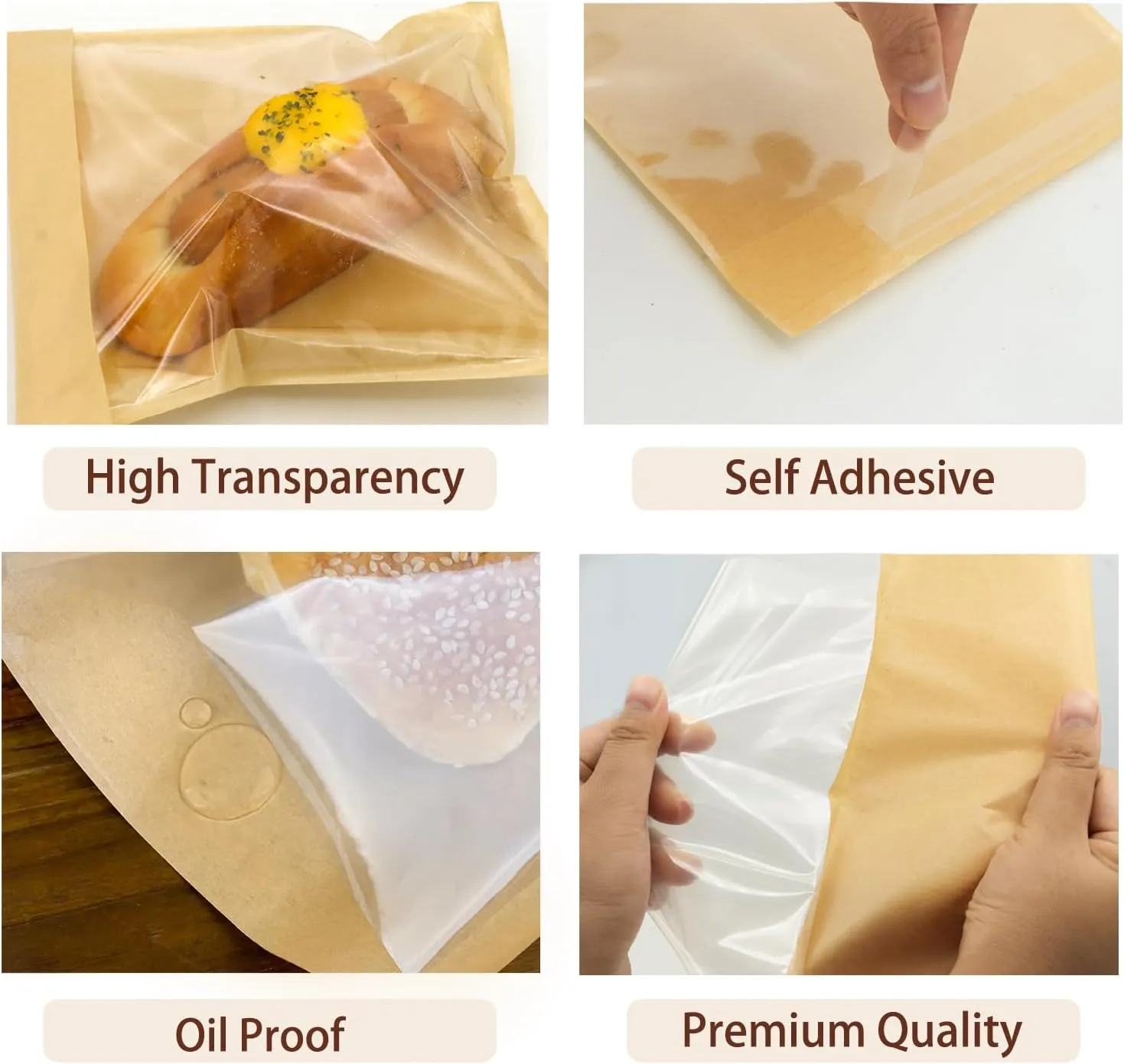 Heavy Duty Sandwich Bags with Clear Window, Self Sealing Kraft Paper Bags, Snack Brown Paper Bags for Packaging Cookies Candy Sandwich Bakery 7' 9.2'