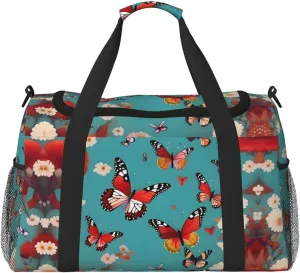 Hen Flying Butterflies Among Flowers print Large Canvas Travel Duffel Bag Weekender Bags for Women Overnight Bag Carry On Tote Bag