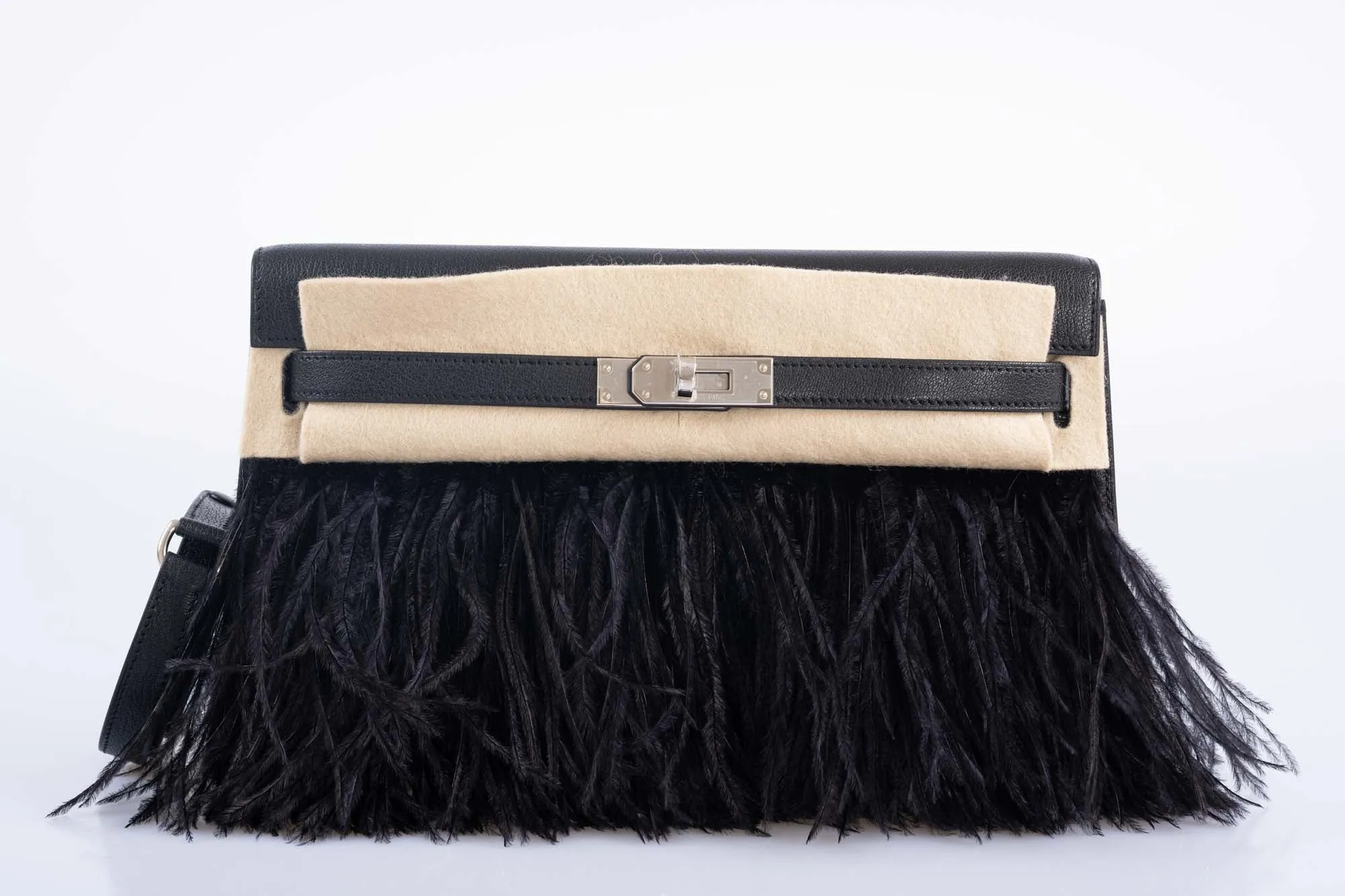 Hermès Feather Kelly Elan Black Chevre and Ostrich Feathers Palladium Hardware