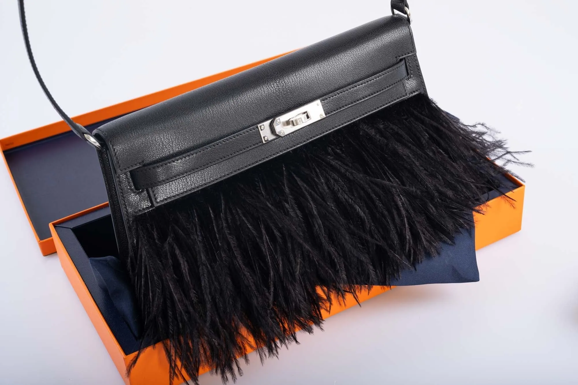 Hermès Feather Kelly Elan Black Chevre and Ostrich Feathers Palladium Hardware