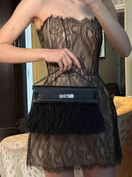 Hermès Feather Kelly Elan Black Chevre and Ostrich Feathers Palladium Hardware