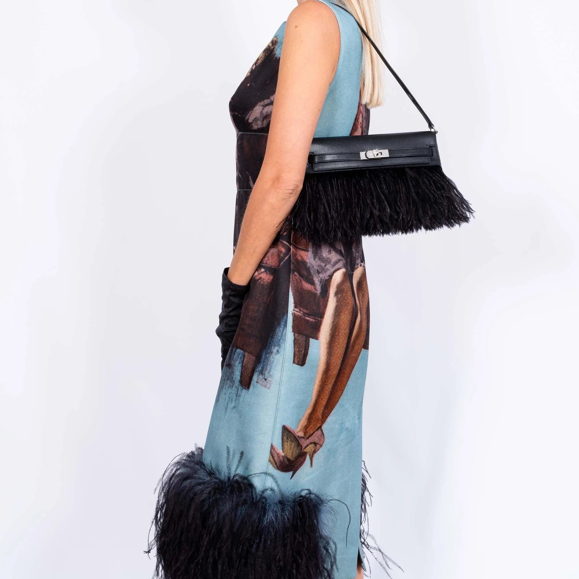 Hermès Feather Kelly Elan Black Chevre and Ostrich Feathers Palladium Hardware