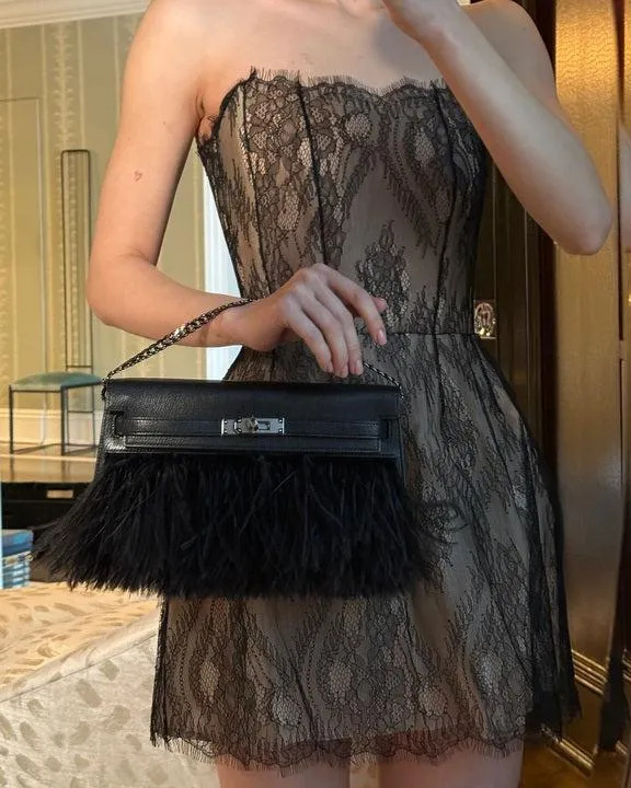 Hermès Feather Kelly Elan Black Chevre and Ostrich Feathers Palladium Hardware