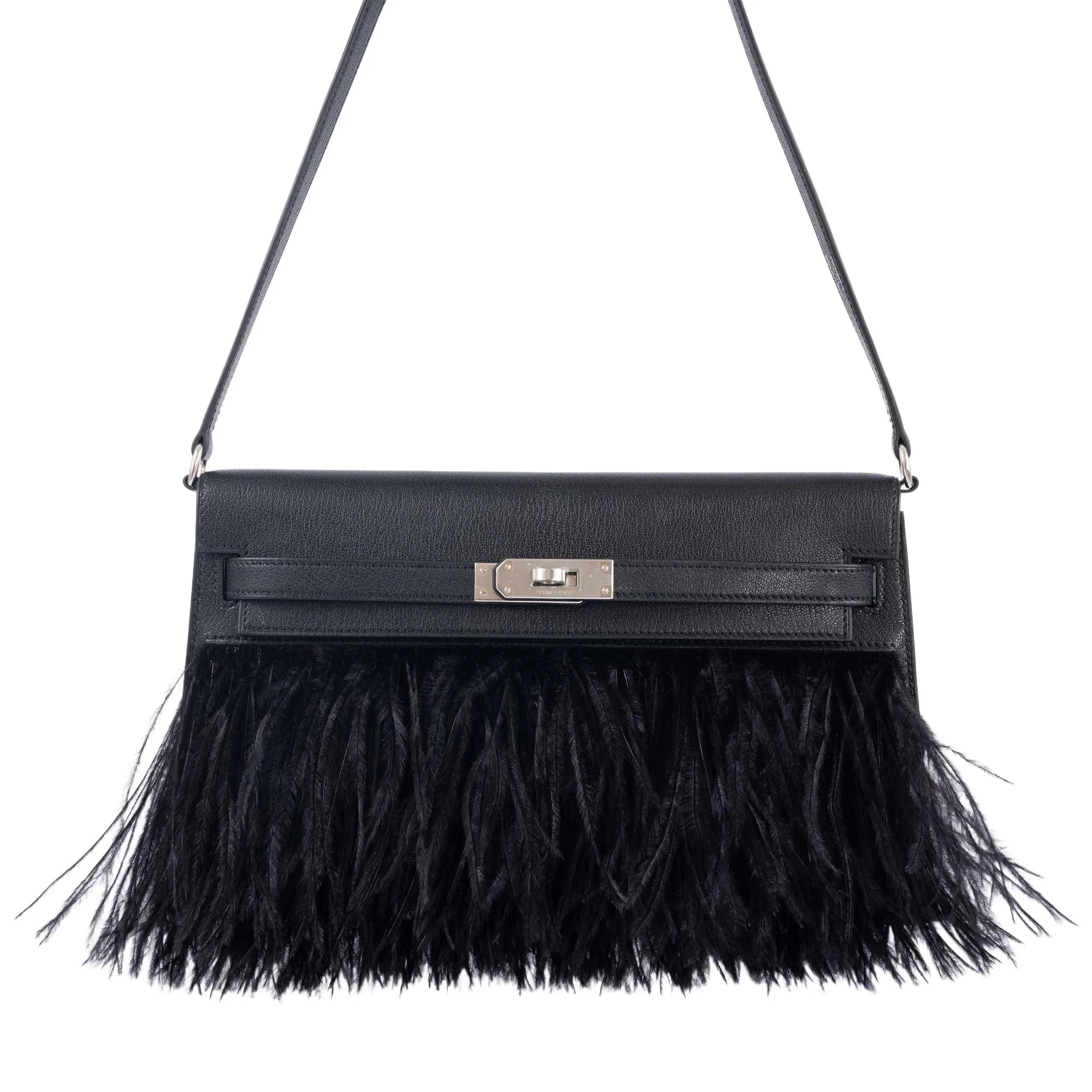 Hermès Feather Kelly Elan Black Chevre and Ostrich Feathers Palladium Hardware