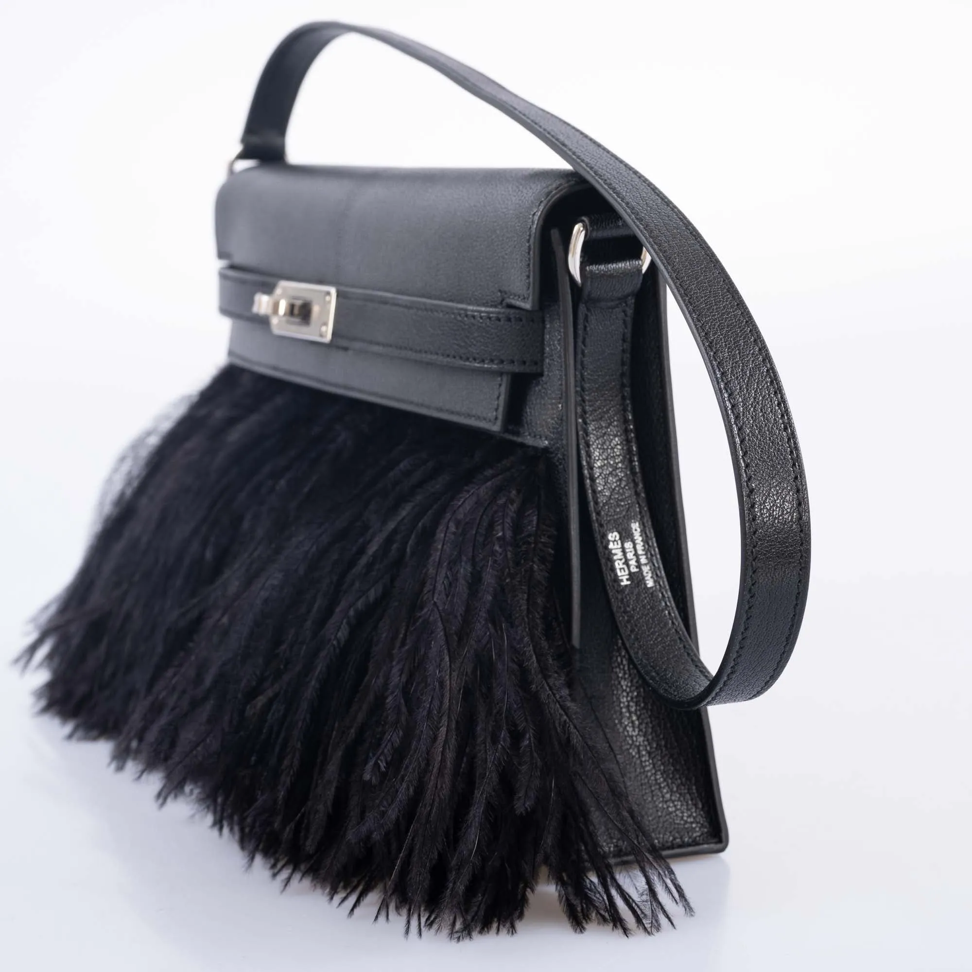 Hermès Feather Kelly Elan Black Chevre and Ostrich Feathers Palladium Hardware