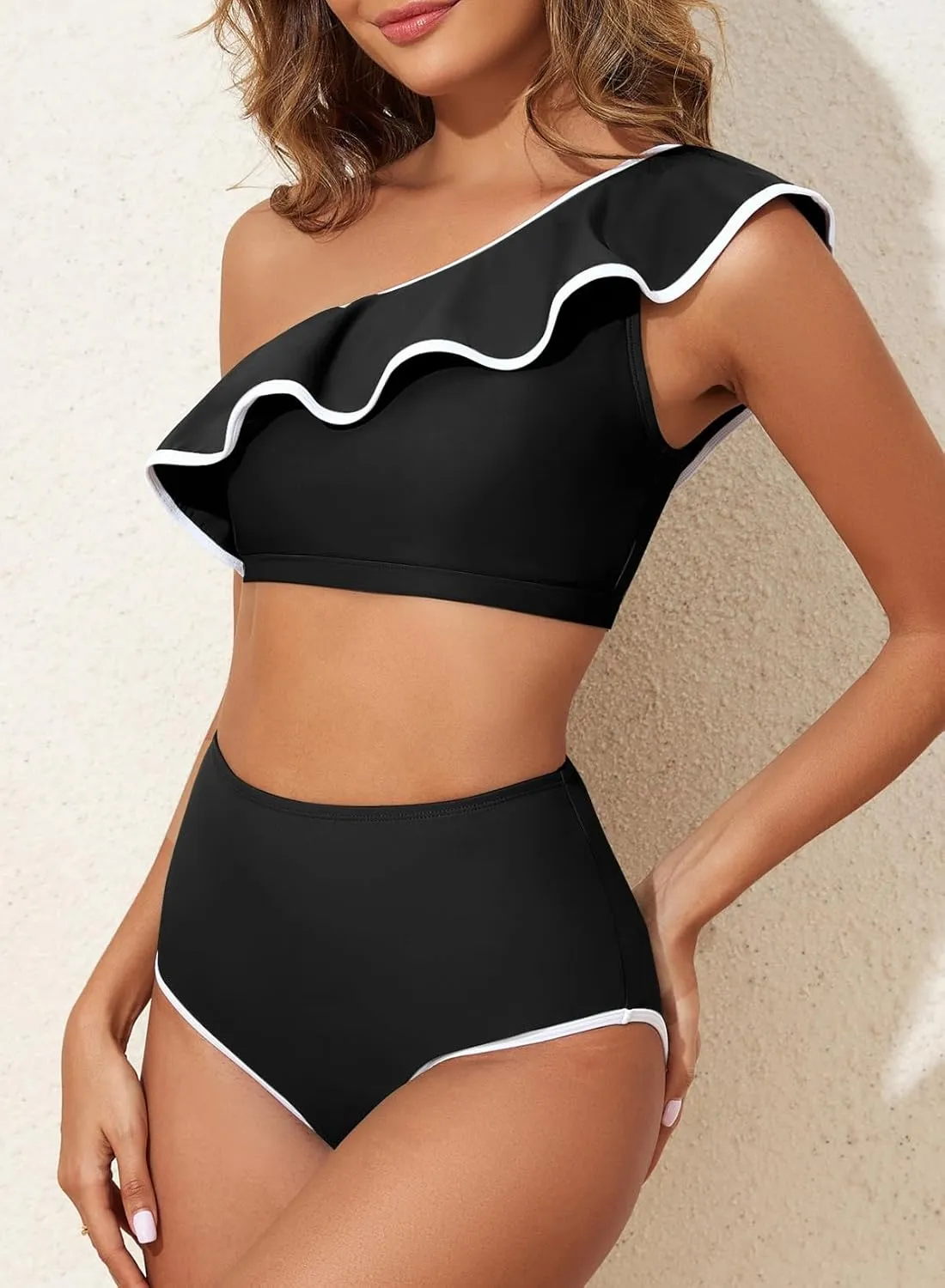 Herseas Women's One Shoulder Bikini Sets Color Block Trim Ruffle Hem Swimsuits Elegant Bathing Suits