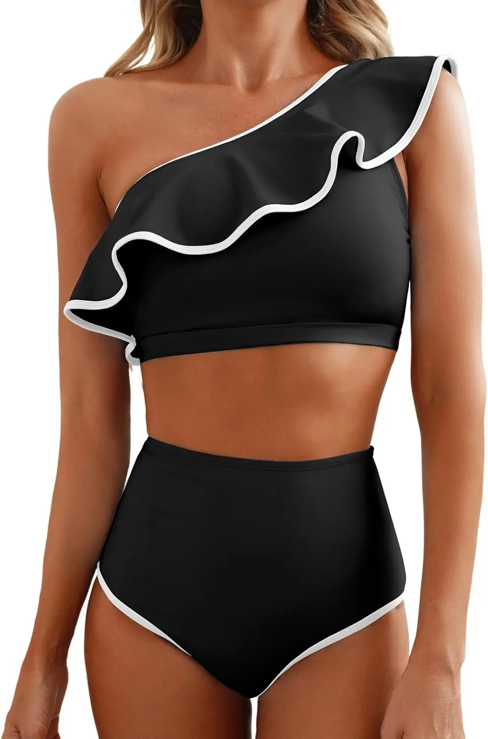 Herseas Women's One Shoulder Bikini Sets Color Block Trim Ruffle Hem Swimsuits Elegant Bathing Suits