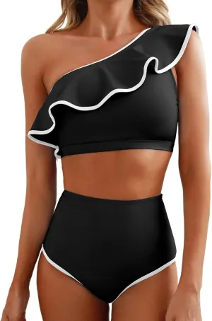 Herseas Women's One Shoulder Bikini Sets Color Block Trim Ruffle Hem Swimsuits Elegant Bathing Suits