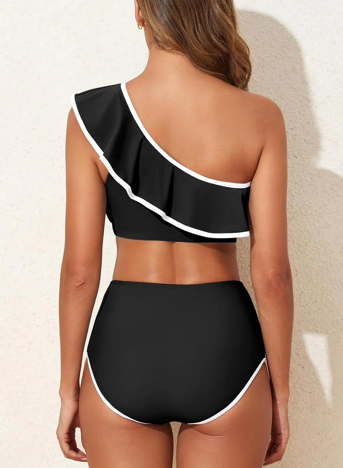 Herseas Women's One Shoulder Bikini Sets Color Block Trim Ruffle Hem Swimsuits Elegant Bathing Suits