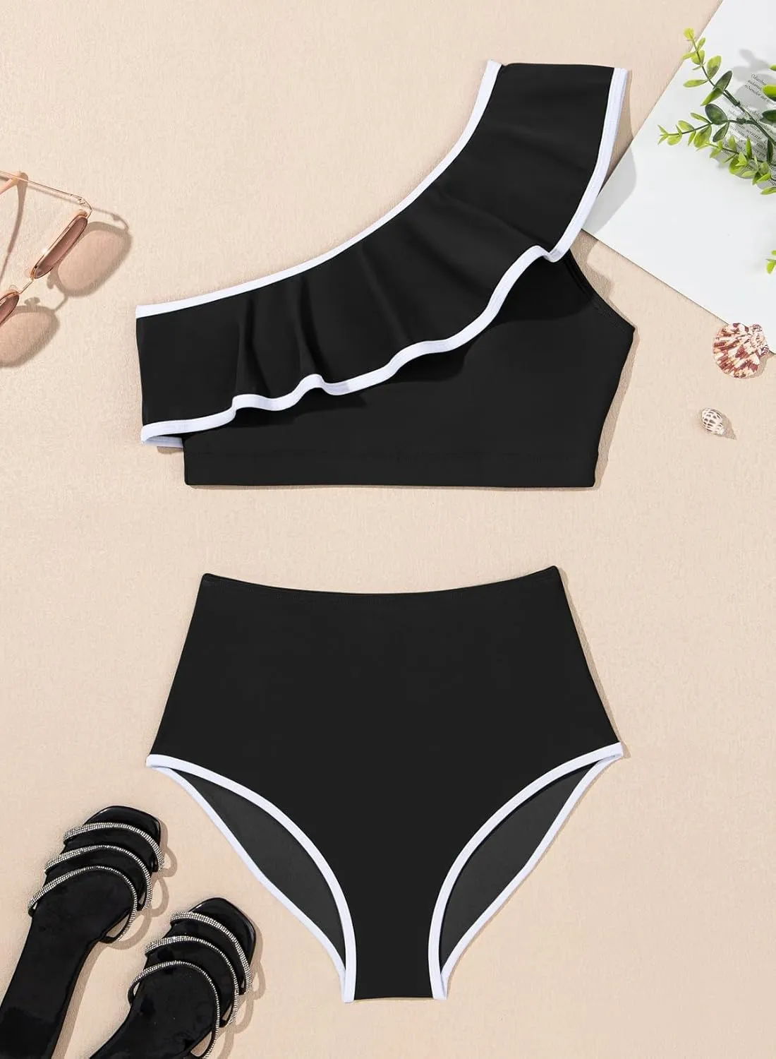 Herseas Women's One Shoulder Bikini Sets Color Block Trim Ruffle Hem Swimsuits Elegant Bathing Suits