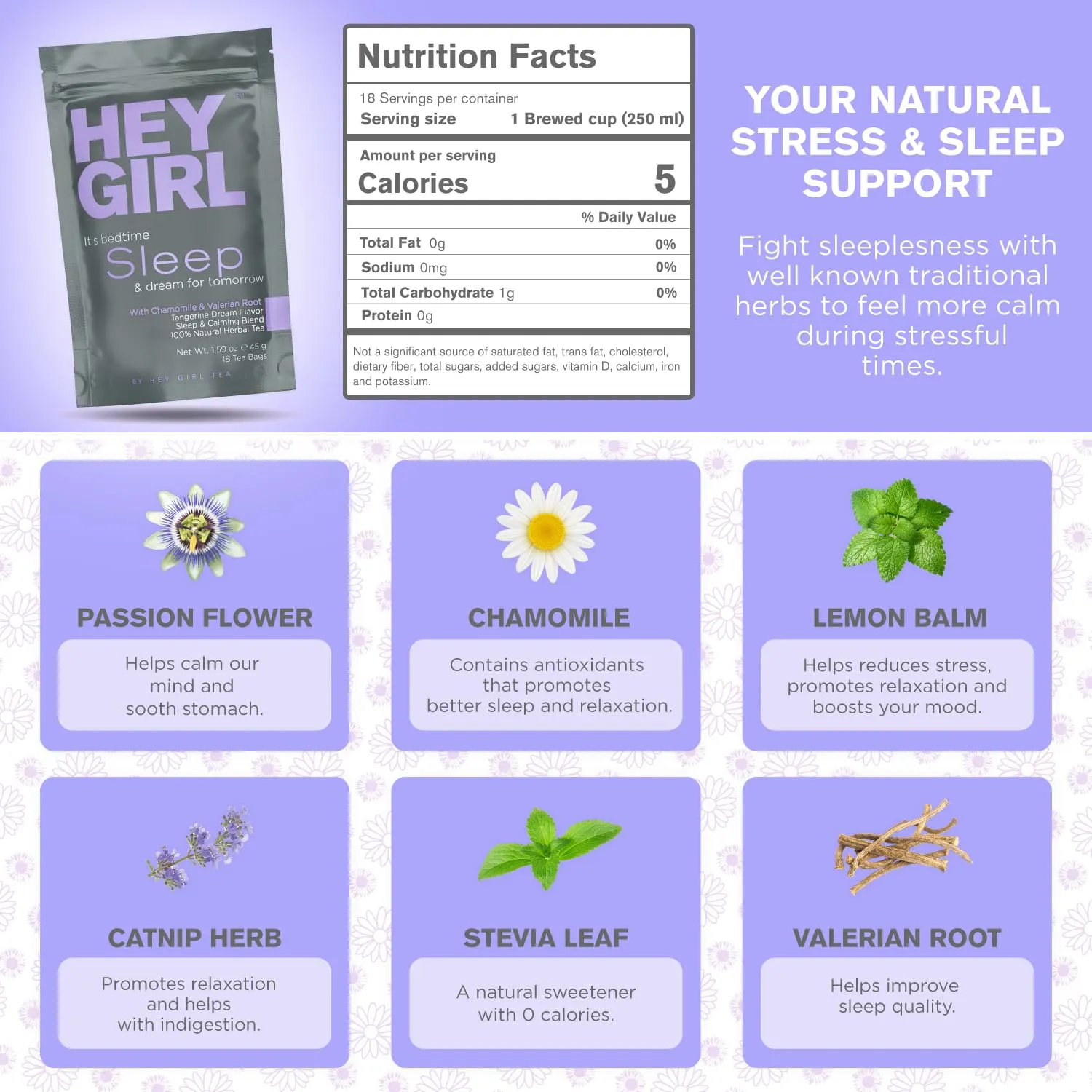 Hey Girl Sleep Tea - Natural Herbal Bedtime Tea Bags with Chamomile, Passion Flower, Valerian Root, Lemon Balm - Calming, Relaxing Adults Sleepy Night Time Tea - Relaxation Gifts for Women 3-packs