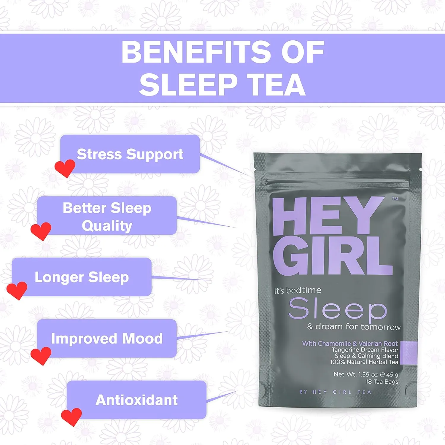 Hey Girl Sleep Tea - Natural Herbal Bedtime Tea Bags with Chamomile, Passion Flower, Valerian Root, Lemon Balm - Calming, Relaxing Adults Sleepy Night Time Tea - Relaxation Gifts for Women 3-packs