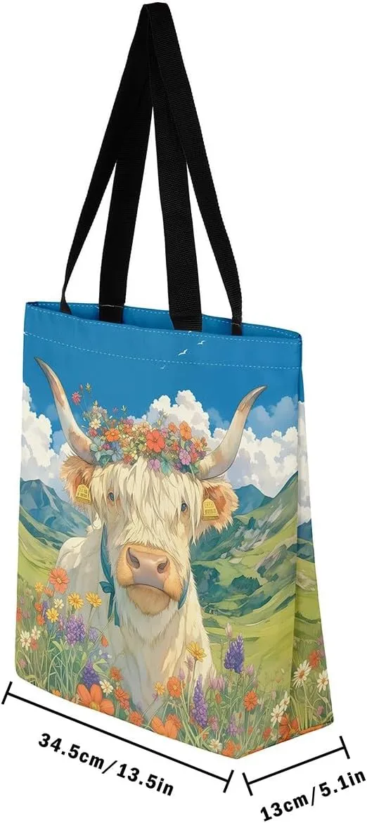 Highland Cattle Canvas Tote Bag,Western Farmhouse Travel Beach Bag,Large Capacity Grocery Bag for Shopping