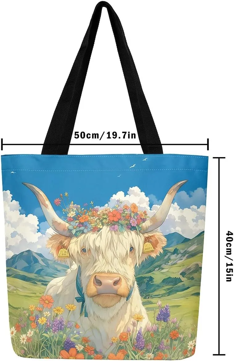 Highland Cattle Canvas Tote Bag,Western Farmhouse Travel Beach Bag,Large Capacity Grocery Bag for Shopping