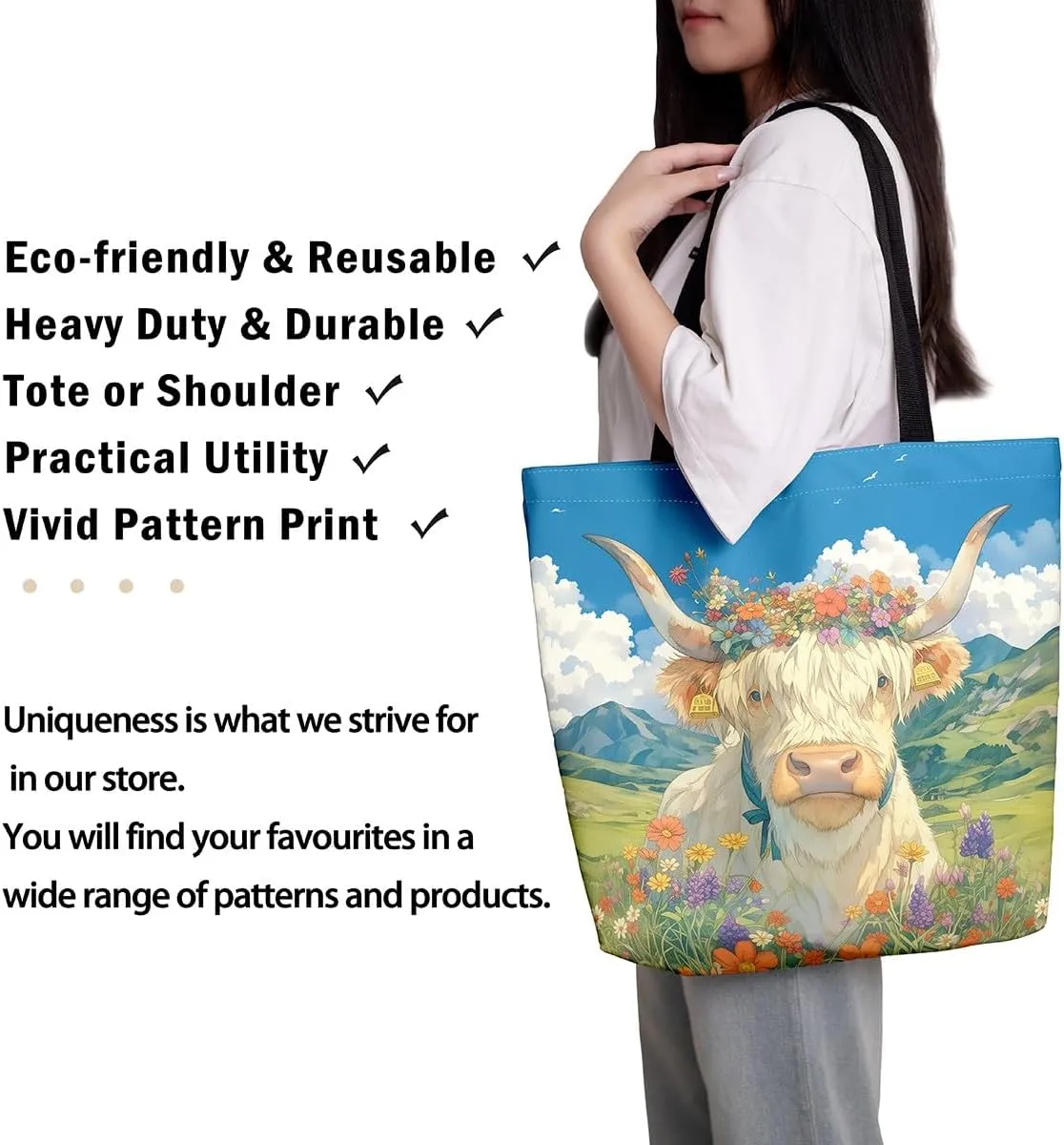 Highland Cattle Canvas Tote Bag,Western Farmhouse Travel Beach Bag,Large Capacity Grocery Bag for Shopping