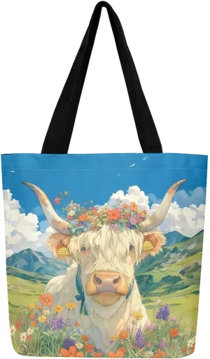 Highland Cattle Canvas Tote Bag,Western Farmhouse Travel Beach Bag,Large Capacity Grocery Bag for Shopping