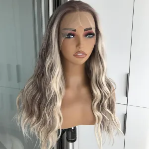 Highlight Blonde Wig Loose Wave 13x4 Synthetic Lace Front Wig for Women Middle Part Pre Plucked Hairline Ombre Curly Shoulder Length Fiber Wig 18inch