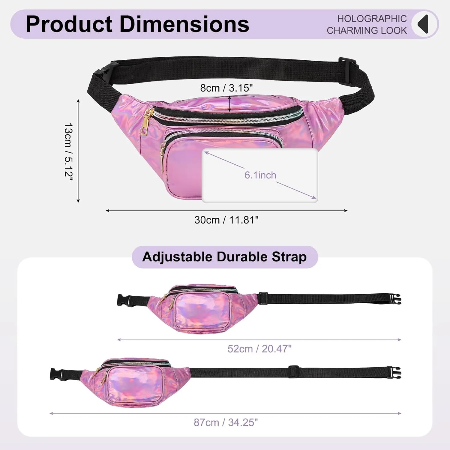 Holographic Fanny Pack for Women, Cute Waist Belt Bag, Crossbody Bag 3-Pocket Water Resistant Fashion Small Bum Bag with Adjustable Belt for Running Hiking Shiny Pink