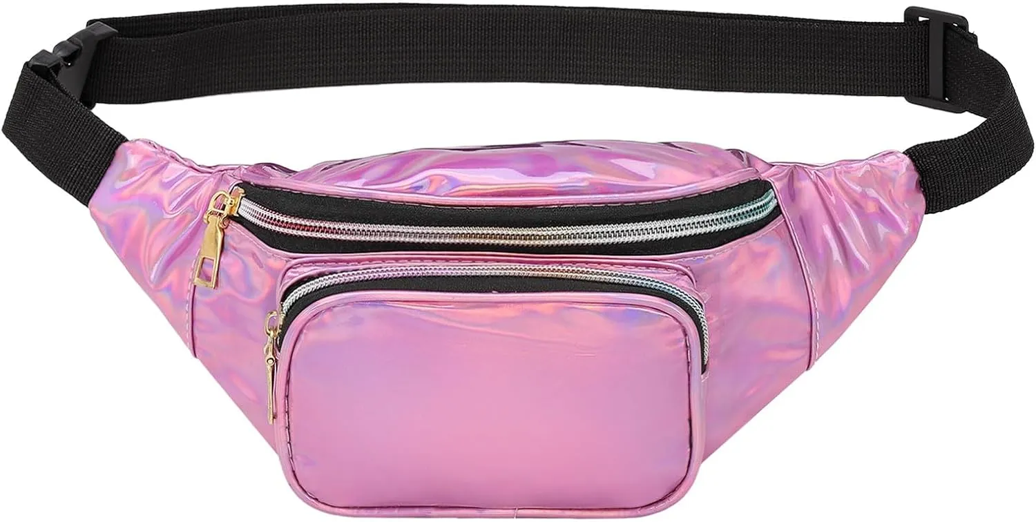 Holographic Fanny Pack for Women, Cute Waist Belt Bag, Crossbody Bag 3-Pocket Water Resistant Fashion Small Bum Bag with Adjustable Belt for Running Hiking Shiny Pink