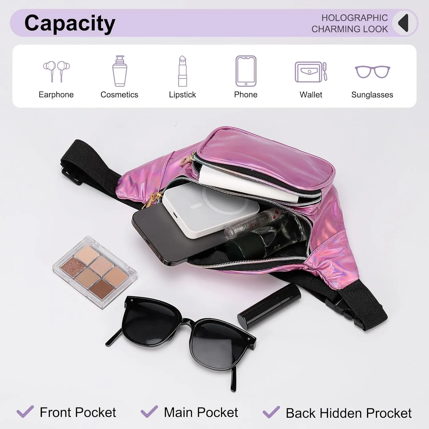 Holographic Fanny Pack for Women, Cute Waist Belt Bag, Crossbody Bag 3-Pocket Water Resistant Fashion Small Bum Bag with Adjustable Belt for Running Hiking Shiny Pink
