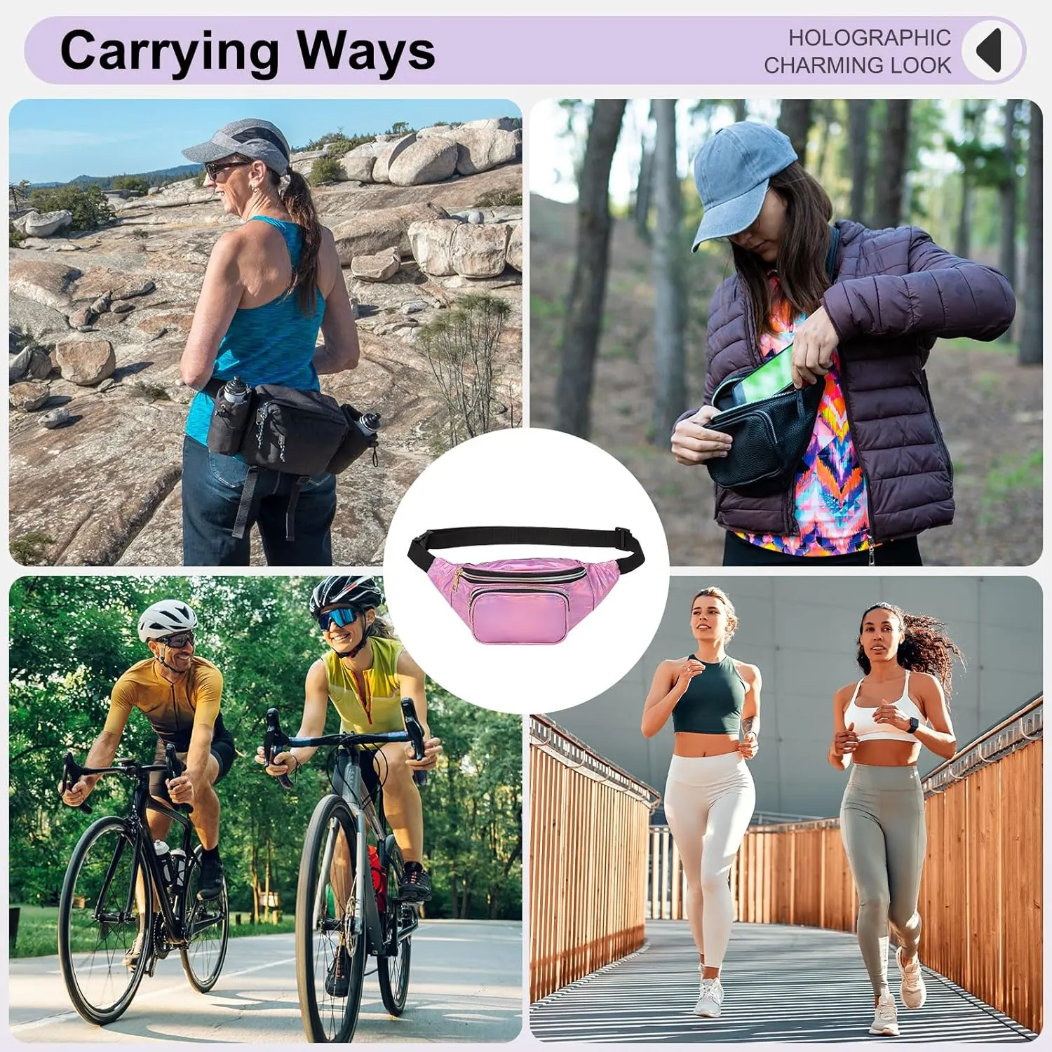 Holographic Fanny Pack for Women, Cute Waist Belt Bag, Crossbody Bag 3-Pocket Water Resistant Fashion Small Bum Bag with Adjustable Belt for Running Hiking Shiny Pink