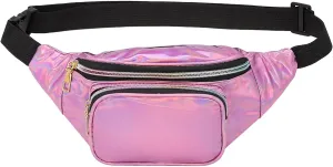 Holographic Fanny Pack for Women, Cute Waist Belt Bag, Crossbody Bag 3-Pocket Water Resistant Fashion Small Bum Bag with Adjustable Belt for Running Hiking Shiny Pink