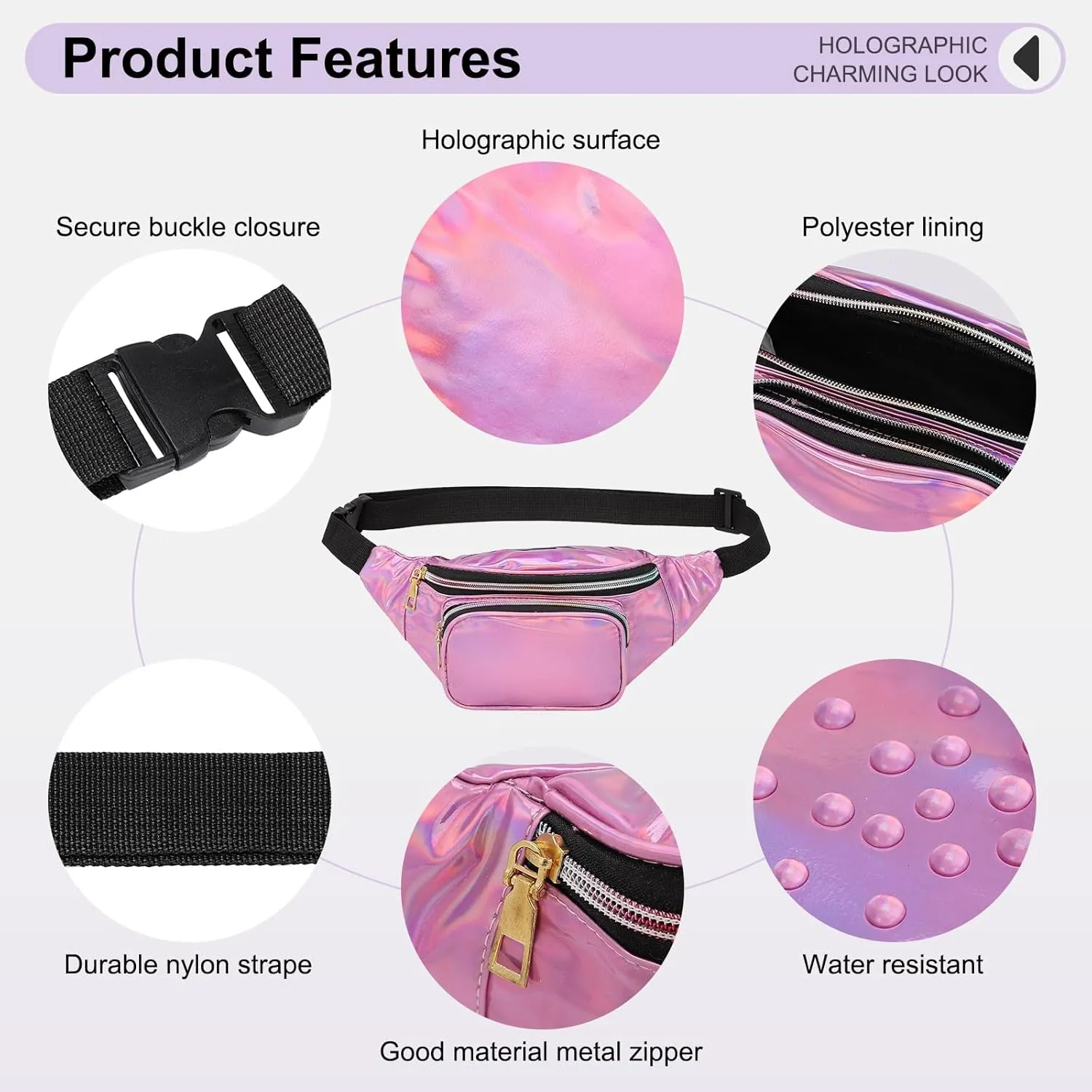 Holographic Fanny Pack for Women, Cute Waist Belt Bag, Crossbody Bag 3-Pocket Water Resistant Fashion Small Bum Bag with Adjustable Belt for Running Hiking Shiny Pink