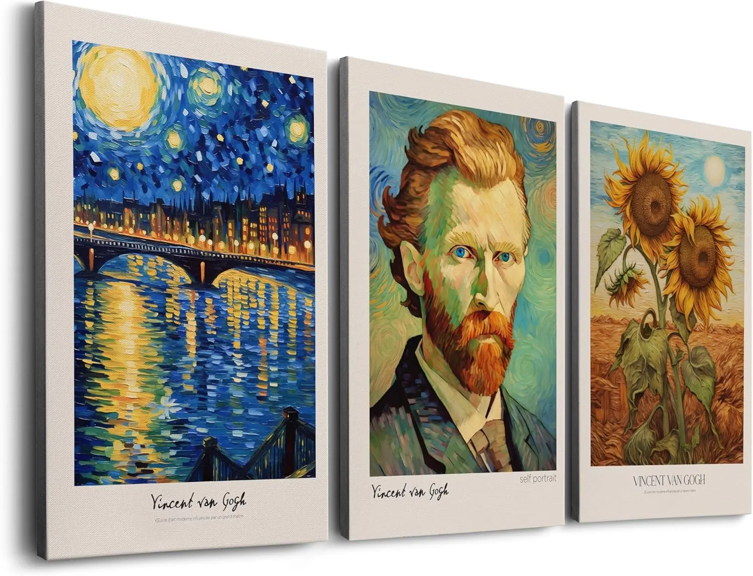 Home & Honor Vincent Van Gogh Canvas Wall Art Oil Painting Starry Night, Sunflowers, Self Portrait Framed Posters and Artworks for Walls, Set of 3 Ready to Hang (12''x16'')