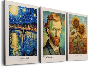 Home & Honor Vincent Van Gogh Canvas Wall Art Oil Painting Starry Night, Sunflowers, Self Portrait Framed Posters and Artworks for Walls, Set of 3 Ready to Hang (12''x16'')