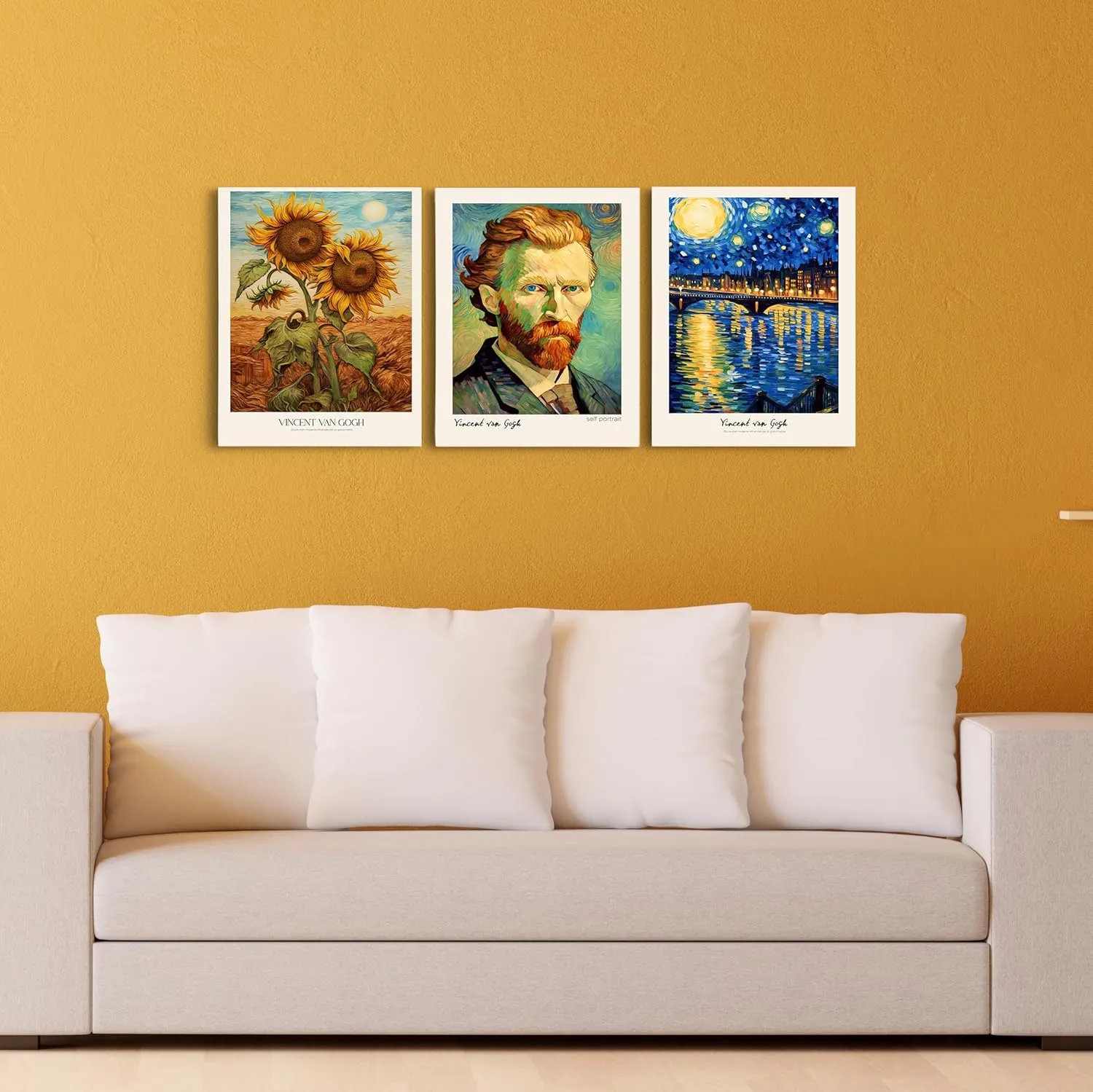 Home & Honor Vincent Van Gogh Canvas Wall Art Oil Painting Starry Night, Sunflowers, Self Portrait Framed Posters and Artworks for Walls, Set of 3 Ready to Hang (12''x16'')