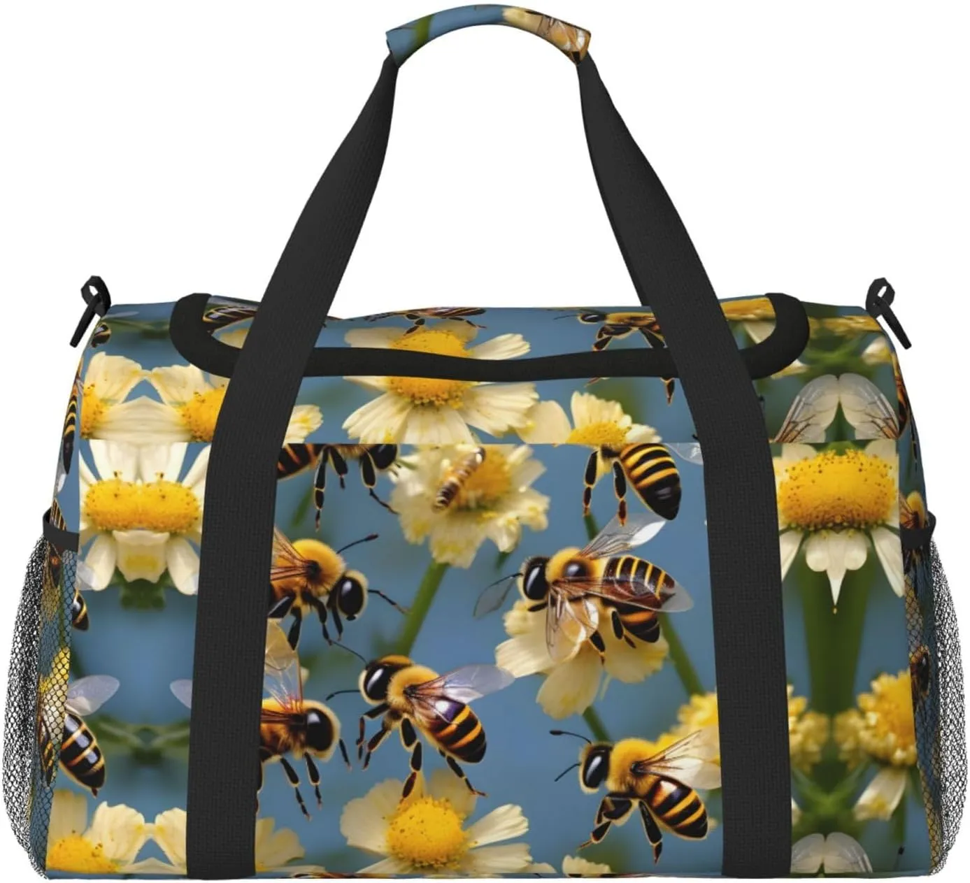 Honey Bees flowers print Large Canvas Travel Duffel Bag Weekender Bags for Women Overnight Bag Carry On Tote Bag