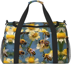 Honey Bees flowers print Large Canvas Travel Duffel Bag Weekender Bags for Women Overnight Bag Carry On Tote Bag